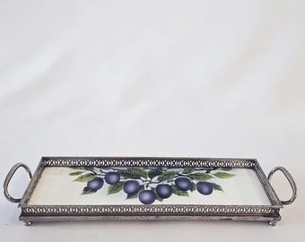 Vassoio da portata in metallo vintage con motivo decorativo a prugna, rettangolare con manici