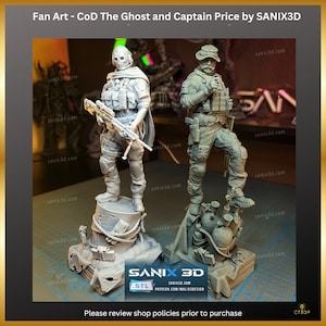 May include: Two detailed gray figurines of characters from Call of Duty, Ghost and Captain Price, stand on elaborate bases. The Ghost figure holds a rifle, while Captain Price is in a combat pose. The text "Fan Art - CoD The Ghost and Captain Price by SANIX3D" is at the top.