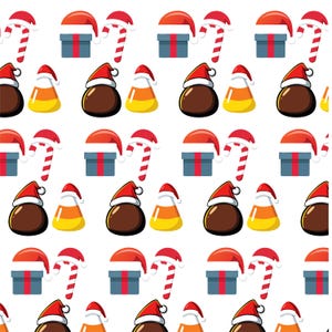 Op de afbeelding: Een naadloos patroon met verschillende kerstthema's, waaronder snoepstokken, cadeaudozen, kerstmanmutsen en snoepmais. Het patroon is op een witte achtergrond.