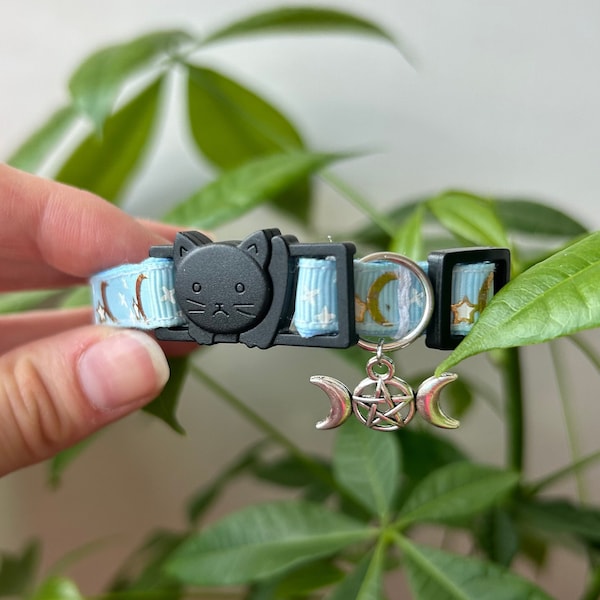 Collare per gatti Blue Moon e stelle Breakaway ~ Accessori per gatti fatti a mano ~ Collare per gatti stregone Wiccan ~ Accessori per gattini pagani ~ Nuovo regalo per gattini