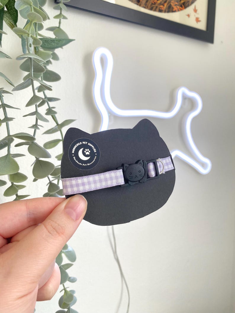 Handmade Breakaway Cat Collar: Lavender Gingham, Fairycore Cat Accessories no bell