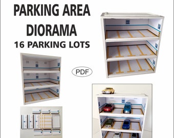 Puede incluir: Un patrón PDF imprimible para un diorama de garaje de 3 niveles con 16 plazas de aparcamiento. El diorama está hecho de cartón blanco y presenta líneas amarillas y marcas azules. El patrón incluye instrucciones para imprimir, cortar y pegar las piezas. El diorama está diseñado para albergar coches de juguete de metal a escala 1/64.