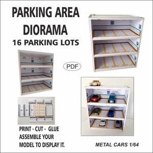 Diorama Model Parking Area with 16 Lots for Metal Cars of a Scale 1:64. Printable Digital File.