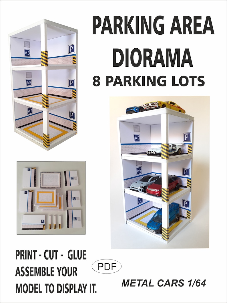 May include: A printable PDF template for a 3D parking garage diorama. The diorama features eight parking spaces and is designed for 1/64 scale metal toy cars. The template includes instructions to print, cut, glue, and assemble the model.