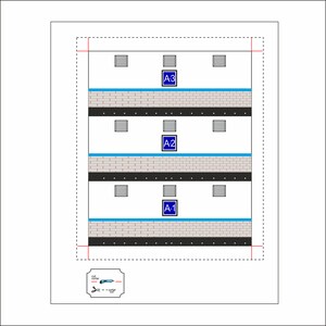 May include: Diagram of a building with three floors, each floor has a blue sign with the text "A-1", "A-2", and "A-3" and multiple vents. The building has a brick facade and a black roof.