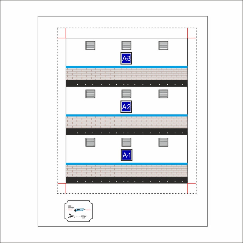 May include: Diagram of a building with three floors, each floor has a blue sign with the text "A-1", "A-2", and "A-3" and multiple vents. The building has a brick facade and a black roof.