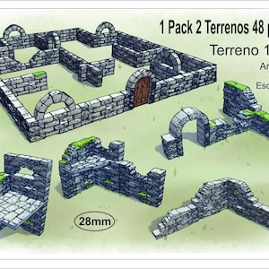 Könnte beinhalten: Eine Sammlung grauer Stein-Geländeteile für Tabletop-Spiele, darunter Mauern, Bögen und ein Gebäude mit Holztür. Die Teile sind im Maßstab 28 mm konzipiert. Der Text "1 Pack 2 Terrenos 48 piezas. Terreno 1" ist im Bild enthalten.