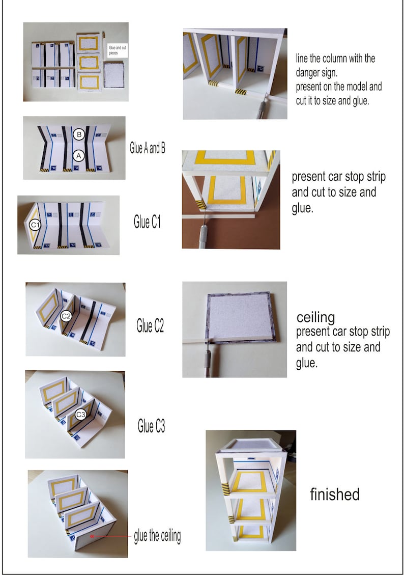 May include: A step-by-step guide on how to build a model garage. The instructions show how to glue together the different pieces of the garage, including the walls, roof, and floor. The final image shows the completed garage.
