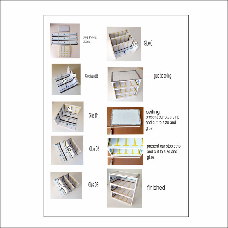 May include: A step-by-step guide on how to build a miniature parking garage. The instructions include gluing pieces together, adding a ceiling, and attaching car stop strips. The final image shows the finished product, a white parking garage with three levels.