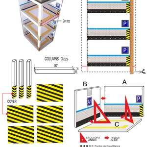 May include: Diagram showing how to assemble a parking garage model kit. The kit includes columns, covers, car stops, and a parking sign. The instructions show how to glue the pieces together and use a ruler to measure the correct dimensions.