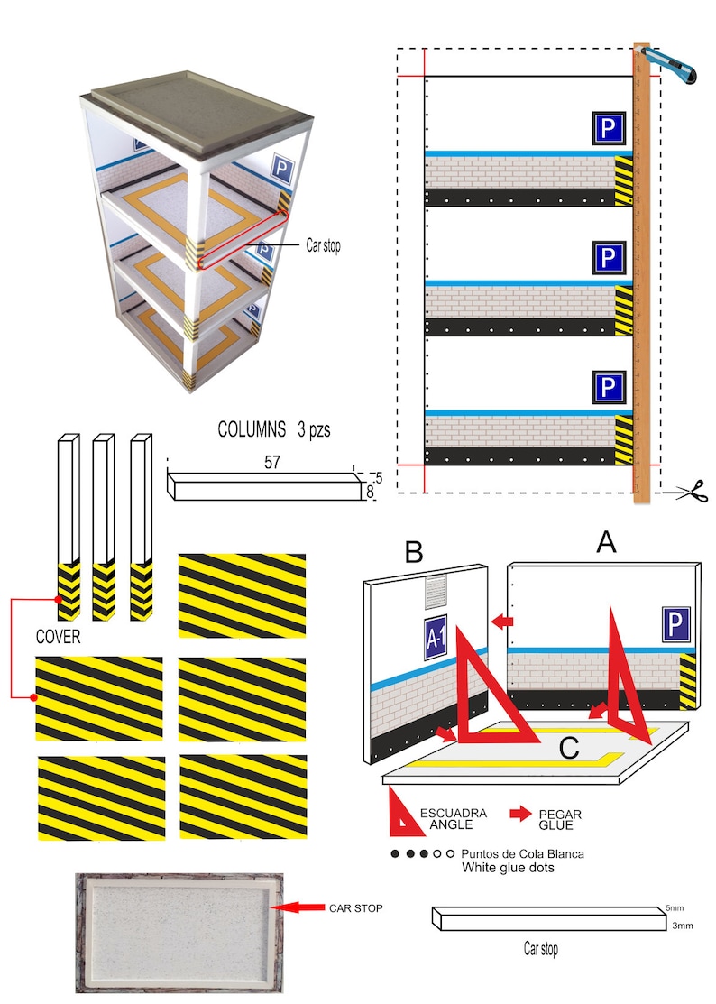 May include: Diagram showing how to assemble a parking garage model kit. The kit includes columns, covers, car stops, and a parking sign. The instructions show how to glue the pieces together and use a ruler to measure the correct dimensions.