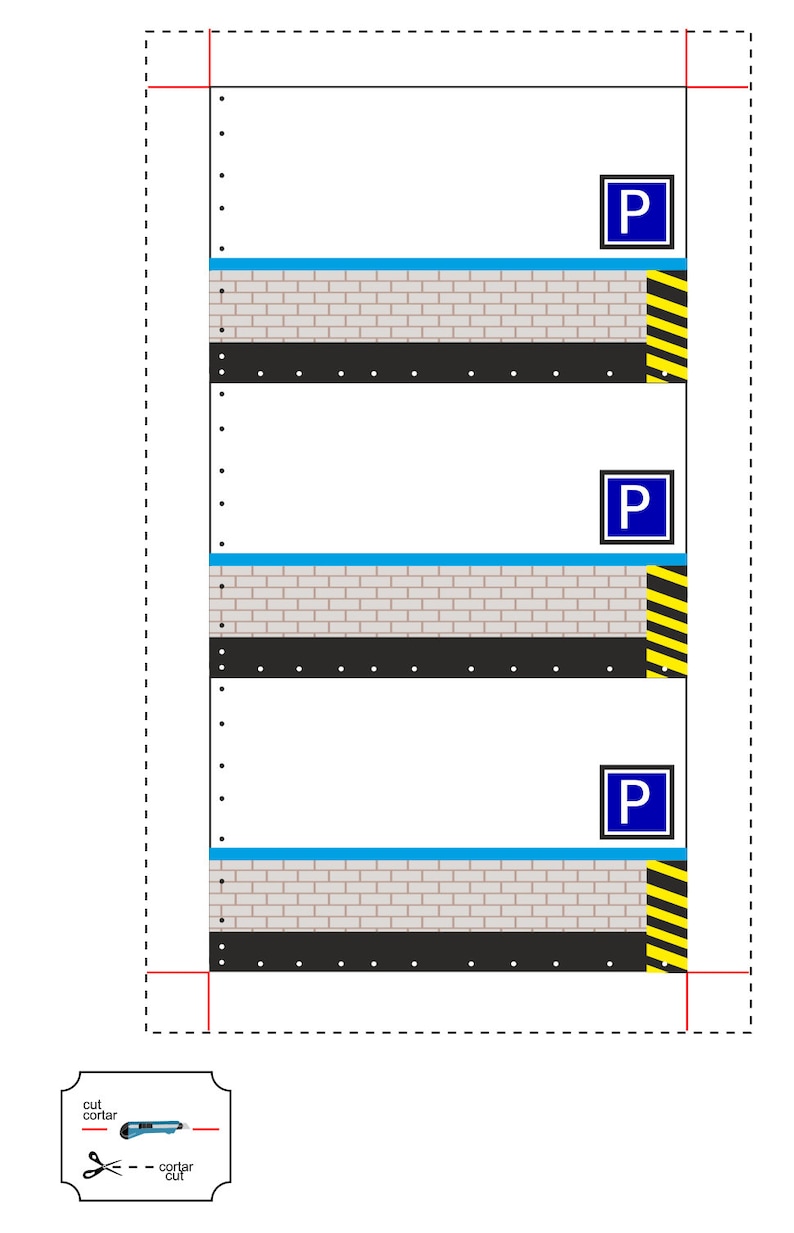 May include: Printable parking pass template with three parking spaces. Each space has a blue "P" sign, a blue stripe, a gray brick wall, a black bumper, and a yellow and black striped warning sign.
