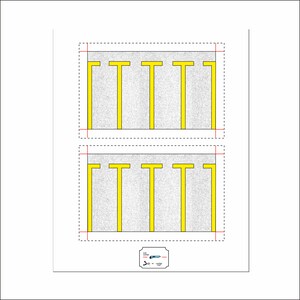 May include: A printable template for creating a parking lot scene. The template shows two rows of four parking spaces with yellow lines.