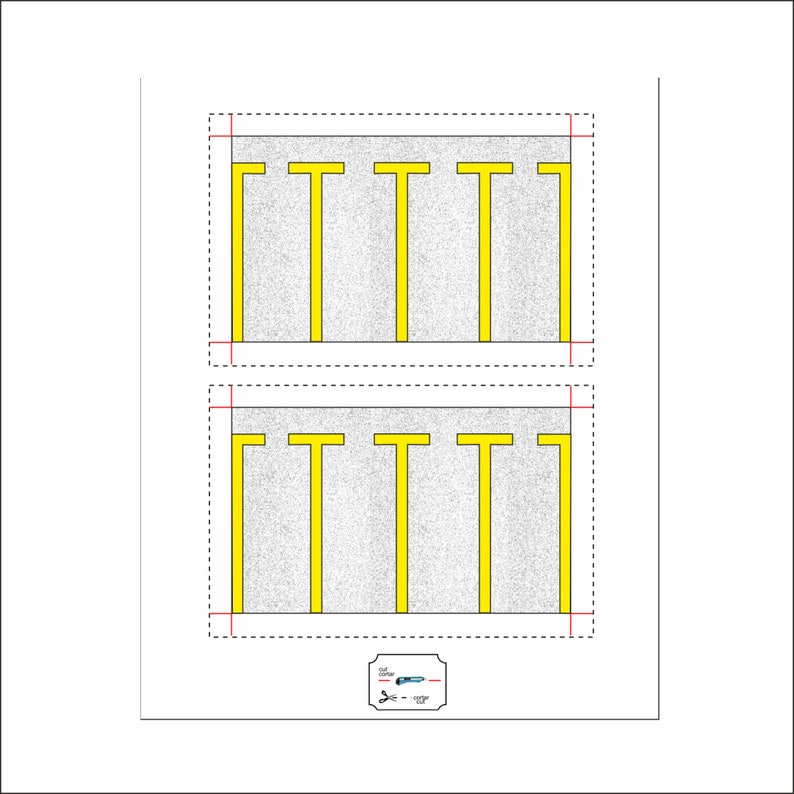May include: A printable template for creating a parking lot scene. The template shows two rows of four parking spaces with yellow lines.