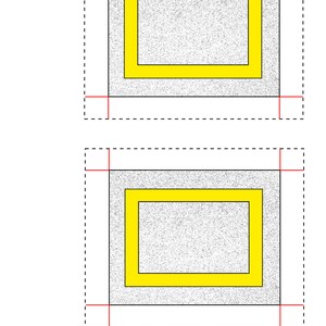 May include: Two gray squares with a yellow square inside each. The yellow squares are outlined in black. The gray squares are outlined in black and red. The image includes the text "cut cortar" and a picture of scissors and a utility knife.