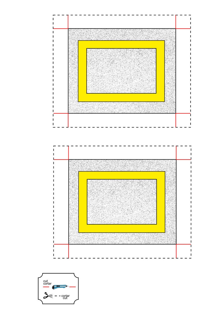 May include: Two gray squares with a yellow square inside each. The yellow squares are outlined in black. The gray squares are outlined in black and red. The image includes the text "cut cortar" and a picture of scissors and a utility knife.