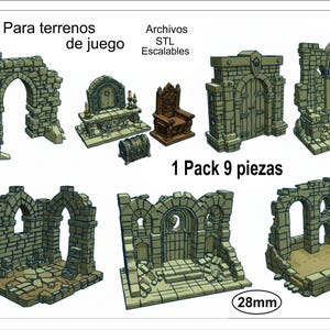 Könnte beinhalten: Eine Sammlung von neun Miniatur-Steinstrukturen für Tabletop-Spiele, darunter Torbögen, Mauern, ein Thron und eine Schatztruhe. Die Teile sind in Grau- und Beigetönen gehalten und weisen ein verwittertes Aussehen auf. Der Text "1 Pack 9 piezas" ist sichtbar.