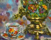 Russian Traditional Metal Teapot China Tea Cup Oil Painting, Tea Lover Original Atrwork, Samovar, Kitchen Wall Art by RoseGeorgiART