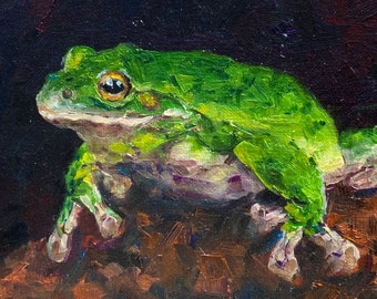 Frog Painting  Pond Frog Original Art 8" x 10"  Toad Small Oil Painting Tropical Reptile Artwork by RoseGeorgiART