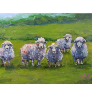 Sheep Painting Animal Original Art In Oil 8" x 16" Lambs Oil Painting Irish Landscape Artwork Pastoral Wall Art by RoseGeorgiART