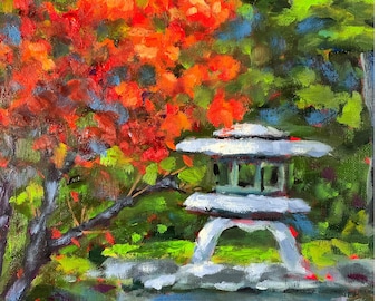 Japanese Zen Garden Painting Landscape Original Artwork Red Maple Tree Painting Pagoda Oil Painting Impressionist Art by RoseGeorgiART