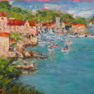 Croatia Painting Coastal Original Art 9" x 12" Oil Painting Komiza Artwork Meditteranian Town Adriatic Seascape Wall Art by RoseGeorgiART