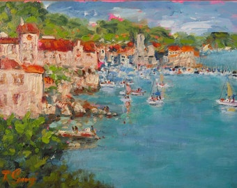 Croatia Painting Coastal Original Art 9" x 12" Oil Painting Komiza Artwork Meditteranian Town Adriatic Seascape Wall Art by RoseGeorgiART