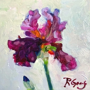 An oil painting of a purple iris flower. The flower has dark purple and magenta petals with a yellow center.  White  background.  The painting is signed in the lower right corner.