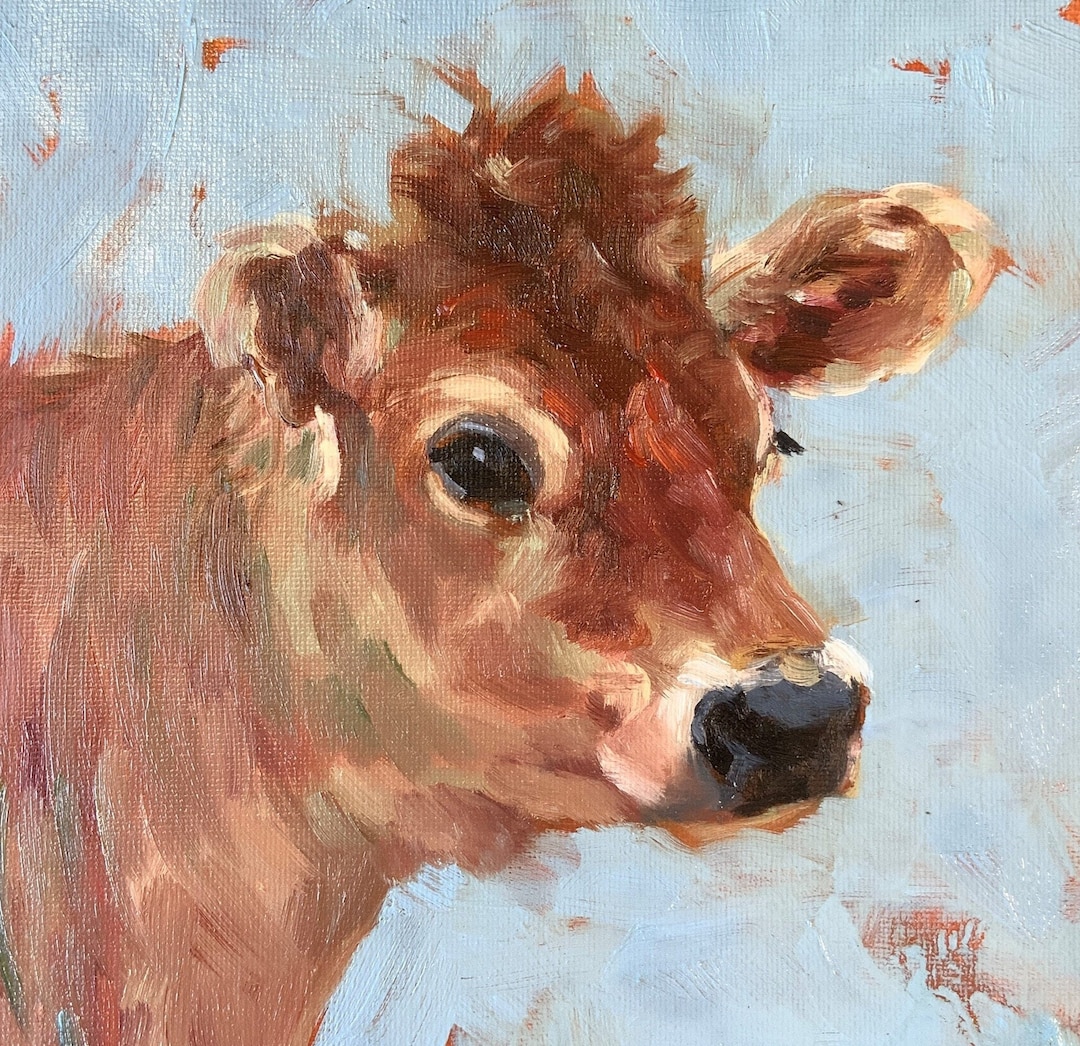 Calf Painting Cow Original Art in Oil 10 X 10 Animal Painting Pastoral ...
