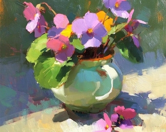 Pink African Violet Oil Painting Original Purple Flower Artwork Floral Impressionist Art