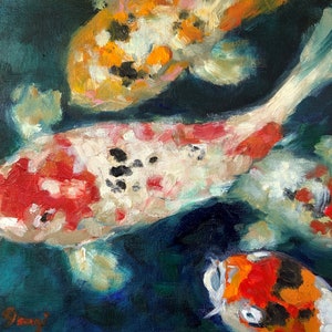 Koi Fish Painting Aquatic Original Art Underwater Scene Wall Art Sea Life Oil Painting Goldfish Artwork Impressionist Art by RoseGeorgiART