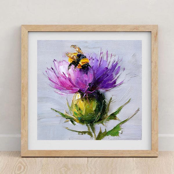 Thistle Original Oil Painting Bumblebee Artwork Impasto Floral Art