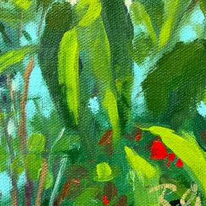 A close up.  Green plants.  An emerald victorian home with orange roof.  Green front yard.  Impressionist oil painting with visible loose brush strokes.  Square format.