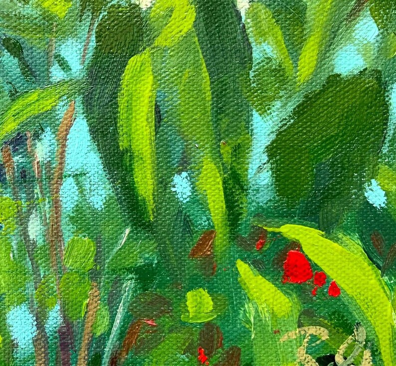 A close up.  Green plants.  An emerald victorian home with orange roof.  Green front yard.  Impressionist oil painting with visible loose brush strokes.  Square format.