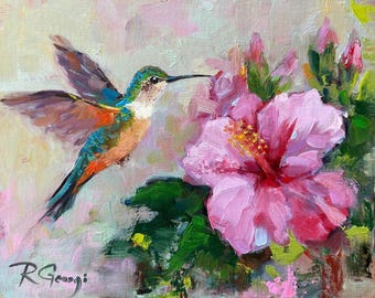 Hummingbird and Hibiscus Original Oil Painting: Hawaii Impasto Impressionist Art