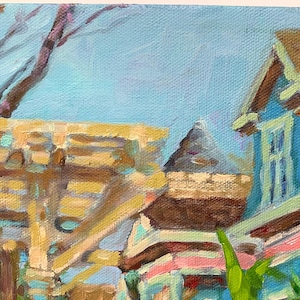 A close up.  Blue sky.  Part of brown gazebo.  The roof of the house. An emerald victorian home with orange roof.  Green front yard.  Impressionist oil painting with visible loose brush strokes.  Square format.