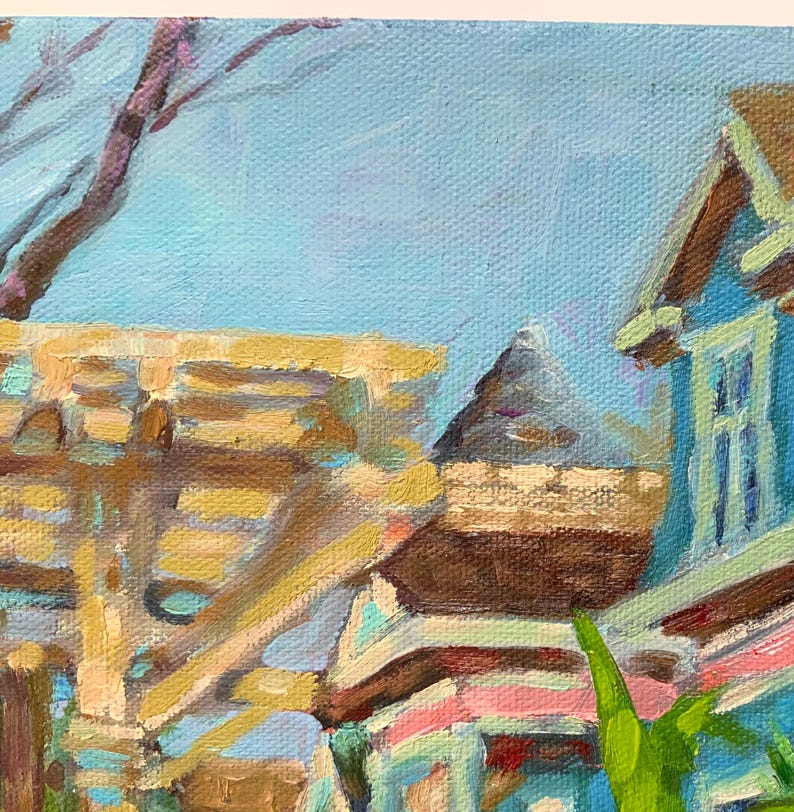 A close up.  Blue sky.  Part of brown gazebo.  The roof of the house. An emerald victorian home with orange roof.  Green front yard.  Impressionist oil painting with visible loose brush strokes.  Square format.
