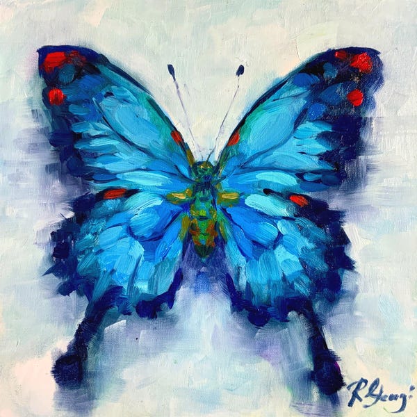 Blue Butterfly Original Oil Painting: Small Impasto Insect Art Impressionist Artwork