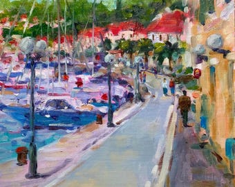 Croatia Painting: Mediterranean Coastal Town, Original Oil Impressionist Art