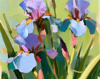 Blue Iris Oil Painting Flower  Original Impressionist Artwork Floral Wall Art