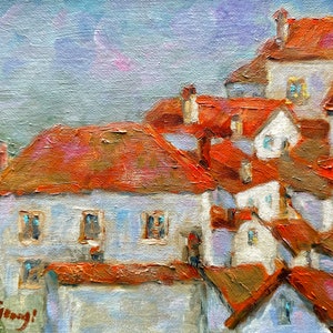 Tuscany Painting Italy Original Art 9&quot; x 12&quot; Oil Painting Red Roofs Cityscape Wall Art Buildings Artwork Impressionist Art by RoseGeorgiART