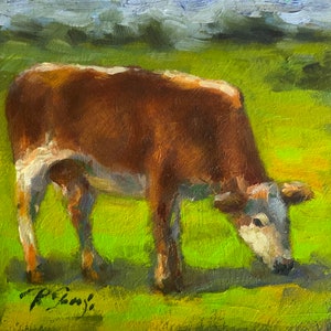 Cow Painting Animal Original Art Small Oil Painting Alpine Artwork Pastoral landscape Farm Painting Impressionist Art by RoseGeorgiART