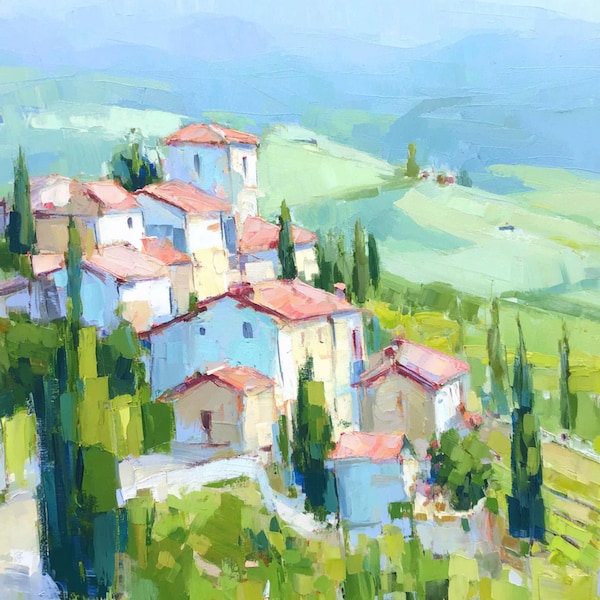 Tuscany Villa Landscape Oil Painting Cypress Trees and Italian Hills Mediterranean Wall Art