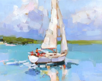 Sailboat Original Oil Painting Seascape Impasto Artwork Impressionist Art