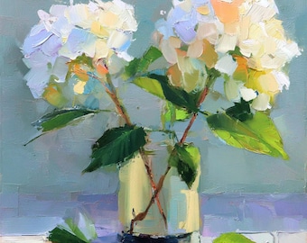White Hydrangeas Oil Painting Original Floral Still Life Impressionist Flower Art Cottage Decor
