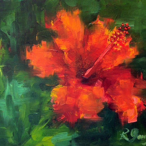 Hibiscus Peinture Floral Original Art 8 » x 10 » Fleur rouge tropicale Petite peinture Art floral Peinture à l’huile Art hawaïen par RoseGeorgiART