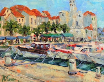 Croatia Original Oil Painting Komiza Impasto Original Artwork Coastal Harbor Impressionist Art