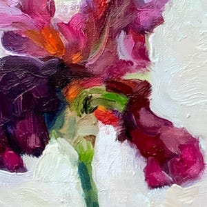 May include: Close-up of an oil painting of an iris flower. The petals are a deep purple and magenta, with hints of orange and green. The background is white, and the stem is green. The painting has a textured, impressionistic style.