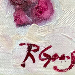 May include: Close-up of an oil painting with visible brushstrokes. The artwork features a blend of white, pink, and deep red hues. The artist's signature, "R. Goof", is prominently displayed in red paint.
