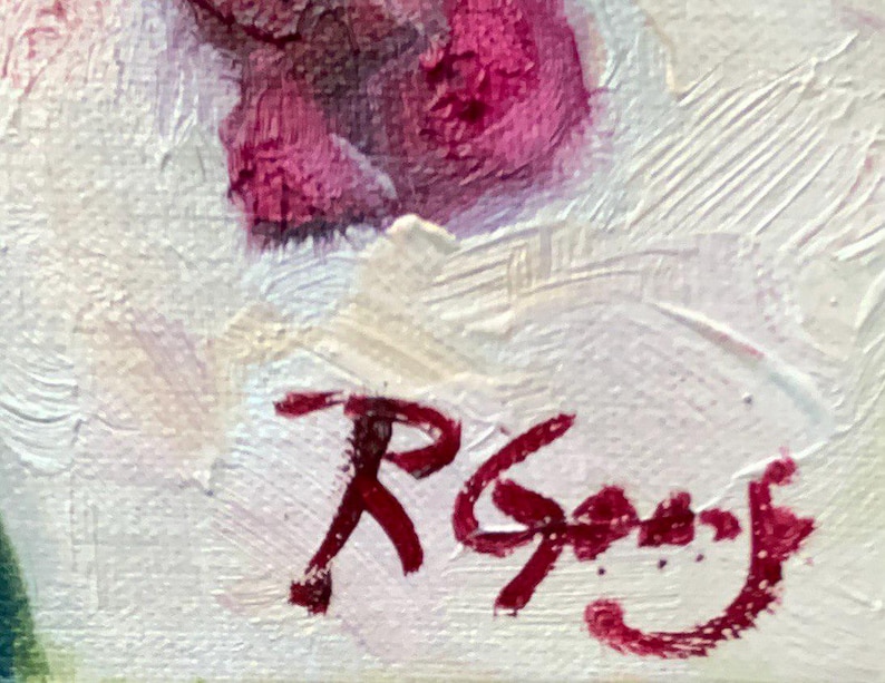 May include: Close-up of an oil painting with visible brushstrokes. The artwork features a blend of white, pink, and deep red hues. The artist's signature, "R. Goof", is prominently displayed in red paint.